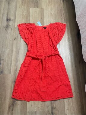 Ann Taylor Coral Red Eyelet Belted Mini Dress